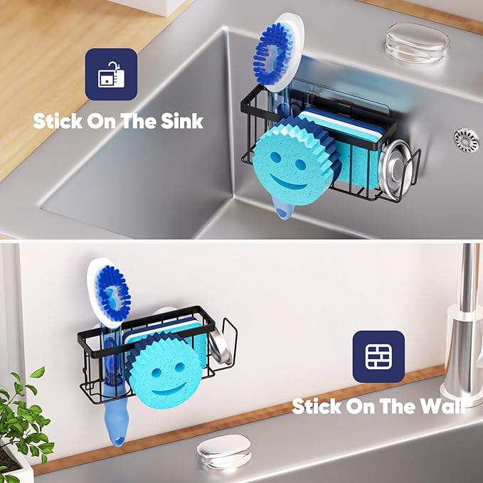 Sponge Holder for Kitchen Sink, Sink Caddy Smiley Face, 4-in-1 Sponge Holder with Suction Cups & 1 PC Adhesive Strip for Holding Soap, Brush, Scrubber, Sponge, Stopper - Black