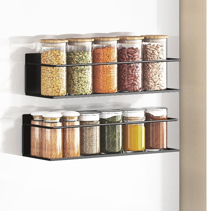 Magnetic Spice Rack For Refrigerator, Space Saving Magnetic Shelf For Fridge Black 2 Pack