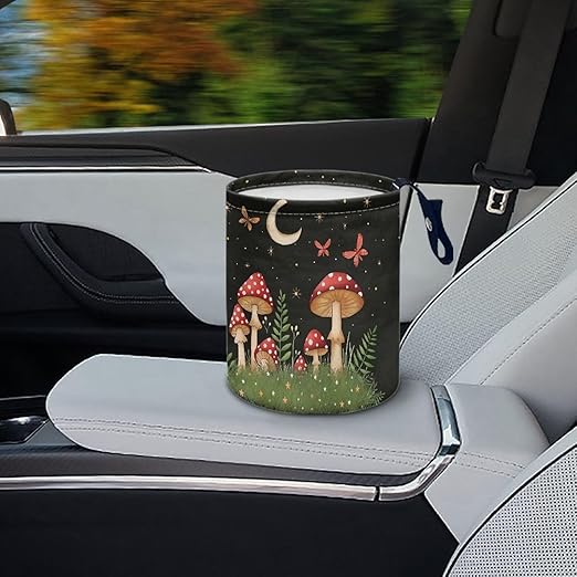 Panskyllis Cute Mushroom Moon Auto Garbage Bag Trash Can Leak Proof Waste Basket Container Bag Bin Hanging Cup Holder Organizer with Strap Mini Car Interior Accessories for Auto, Camping, Travelling