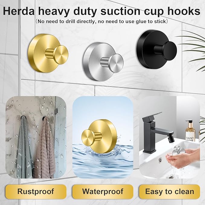Herda Suction Cup Hooks for Shower Stainless Steel Suction Wreath Hanger for Glass Door No-Drill Removable and Reusable Suction Cup Hook for Loofah, Towel, Bathrobe, Holds Up to 15 Lbs - 4Pack, Silver