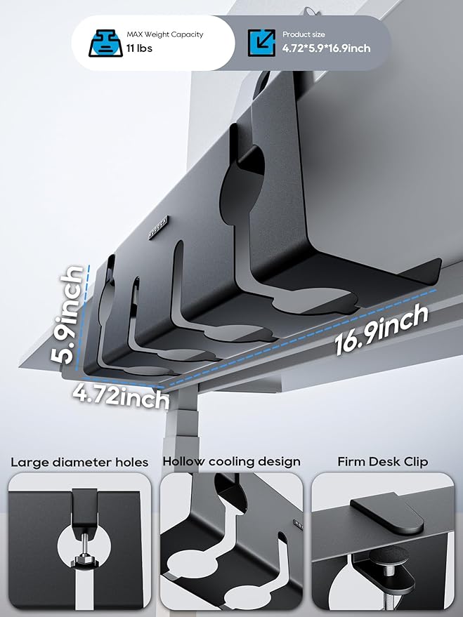 NODOCA No Drill Under Desk Cable Management Tray, 17'' Wire Management, Punch-Free Clamp-On, Metal Cable Tray, Wire Organizer Under Desk, Under Desk Basket for Office and Home, Black (2 Packs)