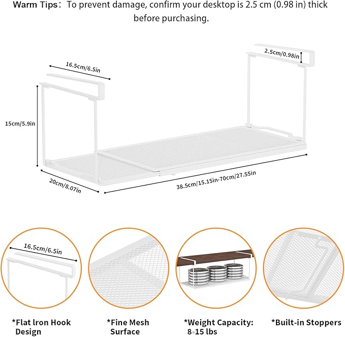 ROLIZOE 1 Pack Expandable Under Cabinet Shelf, Under Shelf Basket with 0.94 Inches Thick Clips for Kitchen Cupboard, Metal Hanging Under Desk Basket for Laundry Room, Cabinet, Shoe Rack