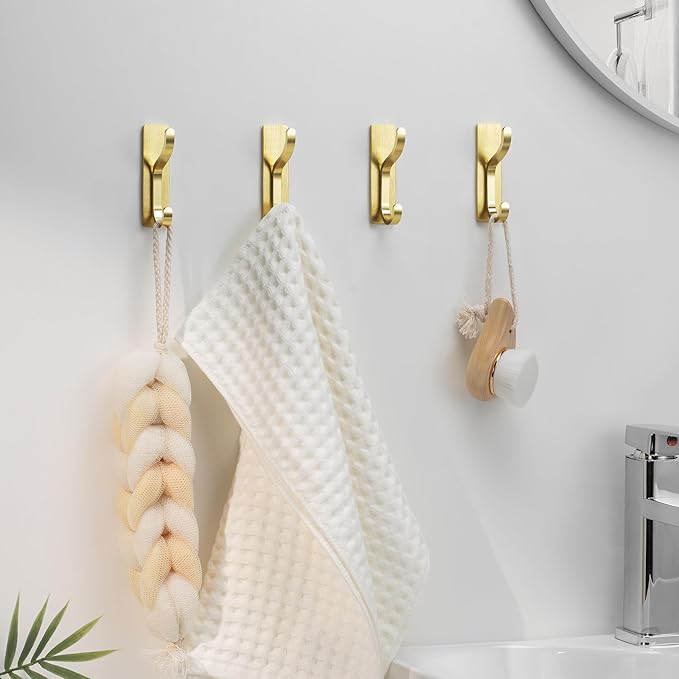niffgaff Wall Hooks for Coat and Towel: 13lb Adhesive Door Hanger Stick On, Sticky Hook for Wall, Closet, Bathroom - Stainless Steel, Brushed Gold, 6 Pack