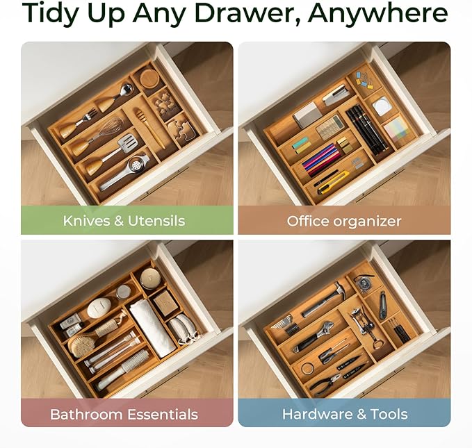 keechee Carbonized Bamboo Kitchen Drawer Organizer, 8 Slots Silverware Organizer, Utensil Holder & Cutlery Tray, 2.2" Deep for Extra Capacity, Non-Slip Feet Included