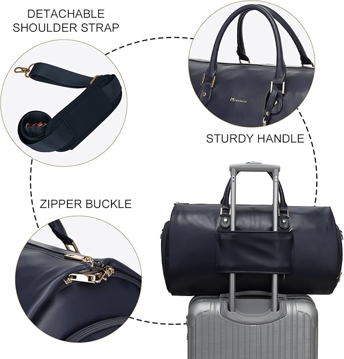 Modoker Women Convertible Leather Garment Bag with Shoulder Strap, PU Leather Garment Duffel Bag Carry on 2 in 1 Hanging Suitcase Suit Travel Bags, Blue