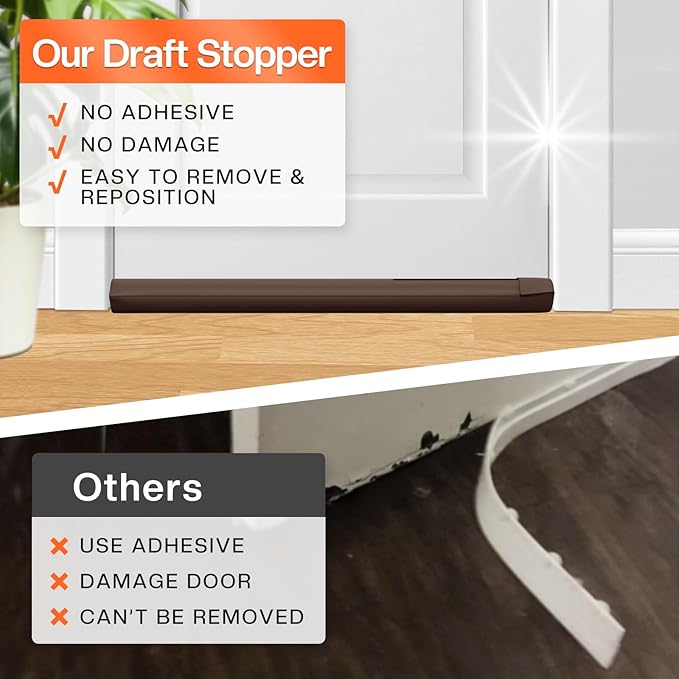 Comfyanno Under Door Draft Stopper - Bottom Door Gap Filler & Seal - Fits 24” to 30” Door, Blocks Cold Air, Noise, Sound, Wind, Bugs, Easy to Install, Double-Sided Block, No Adhesive, Brown