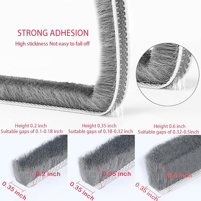 33 Ft Gray Self-Adhesive Soundproofing Weather Stripping for Doors and Windows, 0.35" Wide x 0.2" Thick