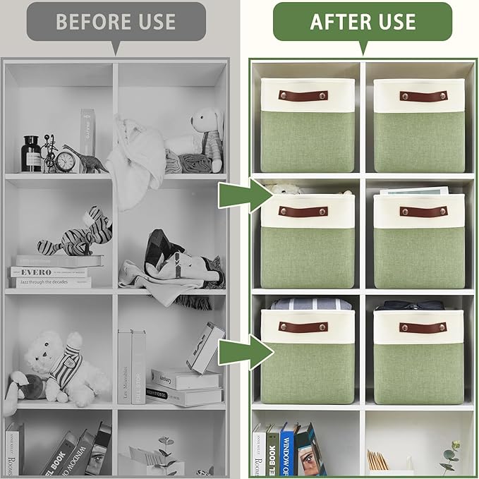 Patvingot 4-Pack Foldable Fabric Storage Cubes 11x11 Inch, Sturdy Cube Organizer Bins with Leather Handles, Storage Baskets for Closet Shelves and Home Organization (White/Green)