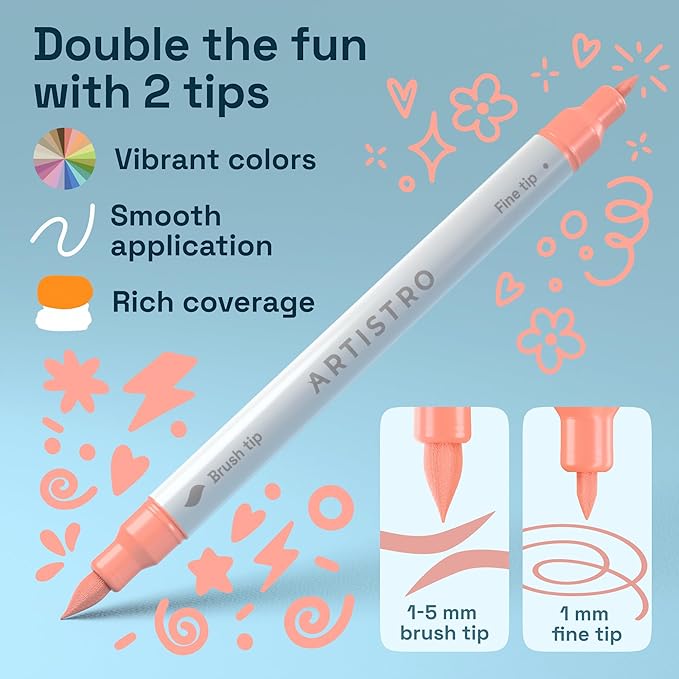 ARTISTRO 24 Pastel Acrylic Paint Markers - Paint Pens for Drawing, Brush + Fine Tips - For Fabric, Rock, Glass, Wood, DIY - Art & Craft Supplies for Adults, Teens, Kids - Teacher Appreciation Gift