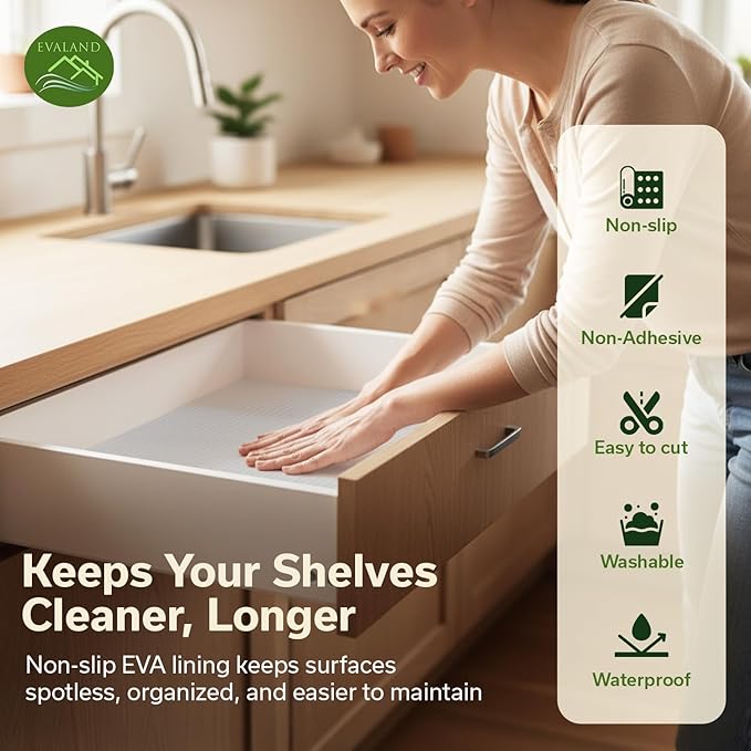 EVALAND Shelf Liners for Kitchen Cabinets Non-Adhesive 19.6" x 33 FT Clear Drawer Liner Non Slip, Washable Cabinet Liner, Waterproof Shelf Liners for Cabinets, Refrigerator Bathroom Pantry Cabinet Mat