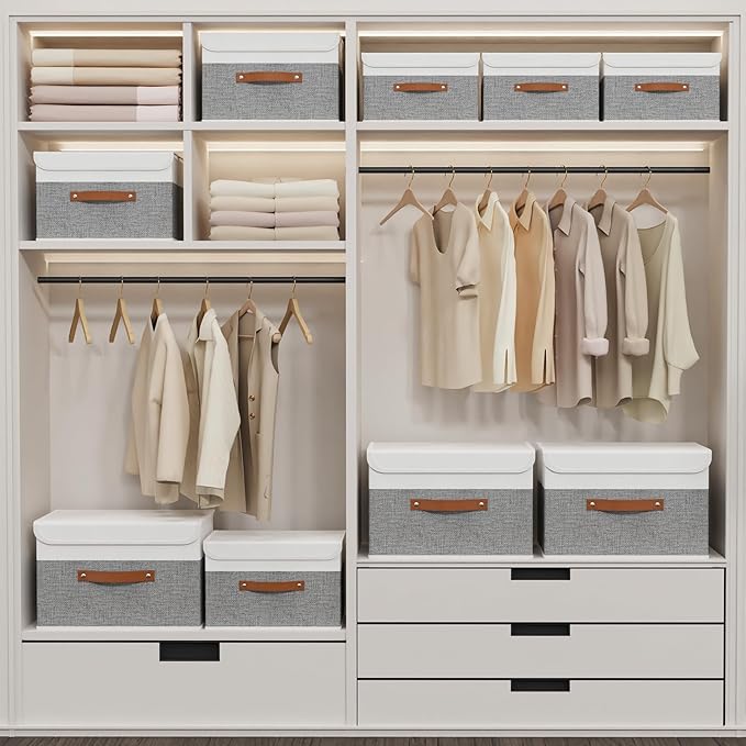 Yawinhe Collapsible Storage Bin, Cube Organizer Basket, Fabric Box with Lids, Washable and Leather Handle, for Home, Closet, White/Grey, 13.0''Lx9.0''Wx7.9''H, 7-Pack, SNK024WGS-7