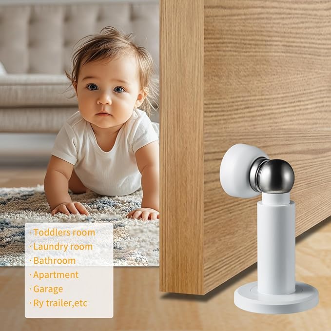 Door Stoppers – Heavy Duty Magnetic Door Stopper for Wall & Bottom of Door – Premium Adjustable Door Stop with Heavy-Duty Windproof Design, Constructed with SUS304 (White-1PCS)