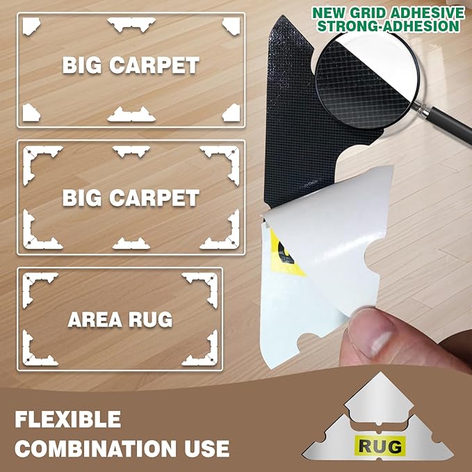 FLUOTINE 48 PCS Carpet Tape, Non-Slip Carpet Pads for Area Rugs on Hardwood Floors, Laminate, Tile, LVP Floors, Reusable and Removable Rug Corner Pads with No Residue