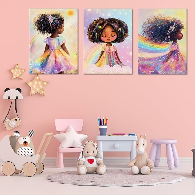 Black Girl Princess Wall Art, Rainbow Hair Girl Painting,Cute Afro Girls Art,Cute Black Girl Nursery Art,Whimsical Rainbow Art Print Set Poster,Black Kids Canvas Prints,Framed12 x 16inches X3piece