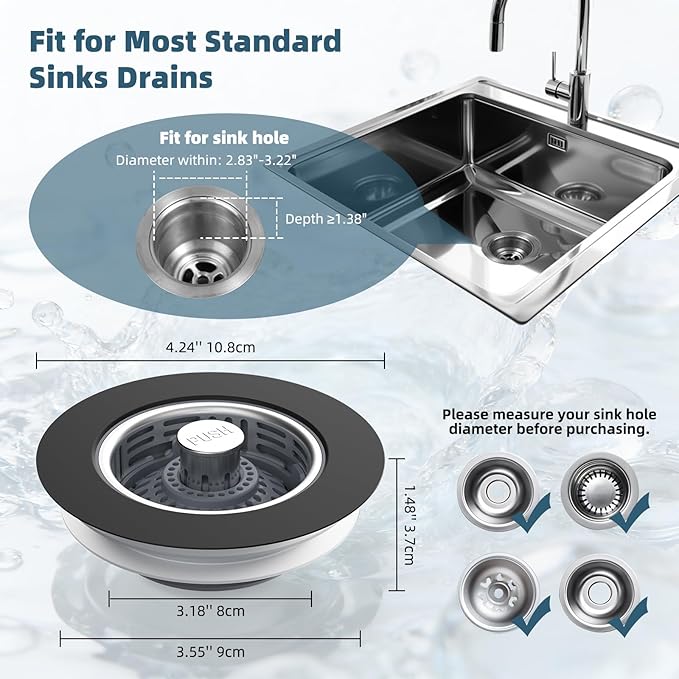 Hibbent Upgraded 3 in 1 Kitchen Sink Drain Strainer, Stainless Steel Pop Up Sink Stopper, Larger Anti-Clogging Basket, 3-Layer Seal, Detachable Drain Plug for US Standard 3-1/2" Drain, Matte Black