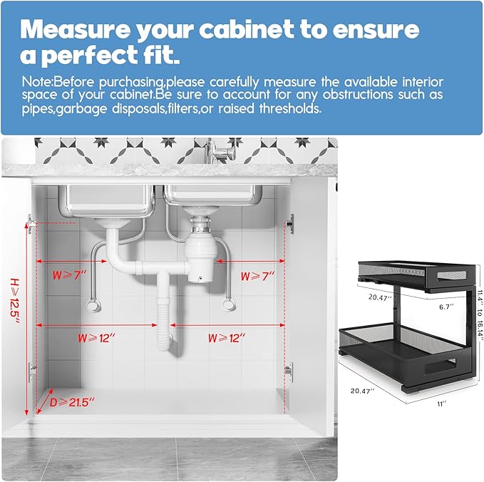 Biboraya 1 Pack 20.47IN Depth Under Sink Storage Organizer, Large 2-Tier Elegant Mesh Pull Out Shelf for Kitchen and Bathroom Cabinet Organization, L-Shaped and Adjustable Height Design-Black