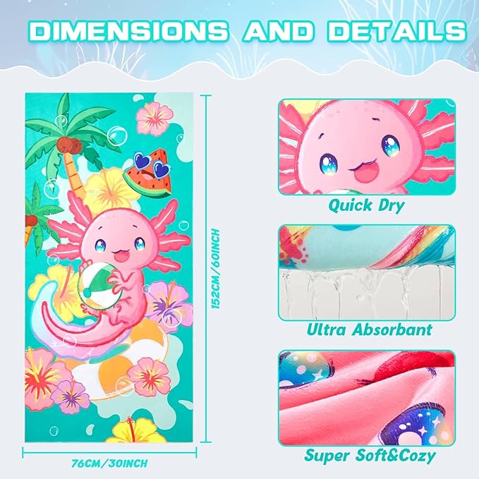 WERNNSAI Beach Towel for Kids, 30”x 60”Axolotl Quick Dry Sand Free Kids Beach Towel for Girls Personalized Beach Towel Pool Camping Travel Towel Soft Beach Blanket Bath Shower Towel