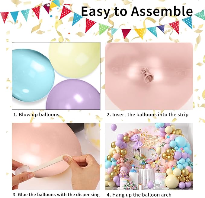 Pastel Balloon Arch, Rainbow Balloon Arch Kit with 18/12/5 inch Macaron Pink Yellow Purple Orange Teal Blue Gold Latex Balloon for Birthday Baby Shower Wedding Pastel Party Decorations