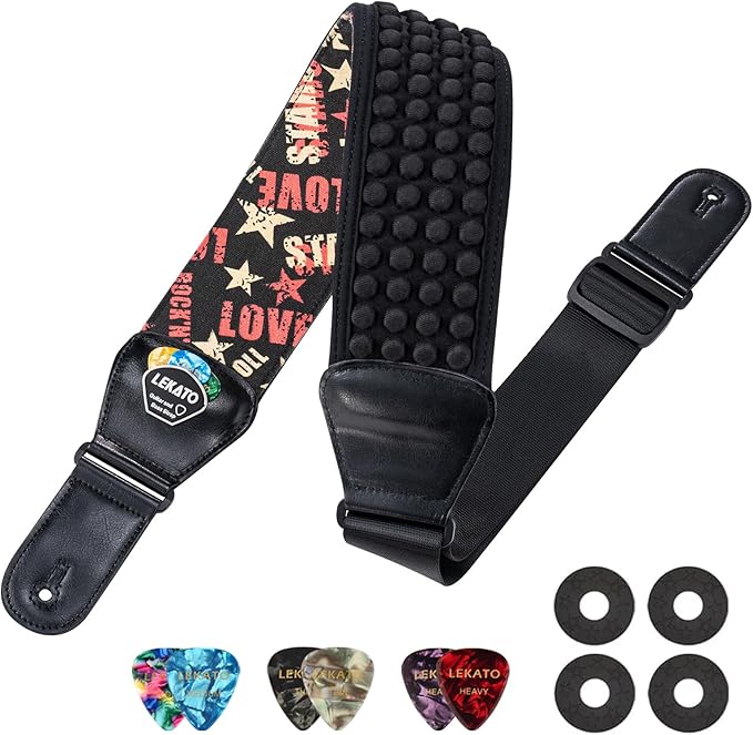 LEKATO Guitar Bass Strap for Electric Guitar Bass, 3" Wide Padded Guitar Strap Neoprene Pad with 3D Sponge Filling Adjustable Length from 45" to 55" with Strap Locks, Picks, Love Stars