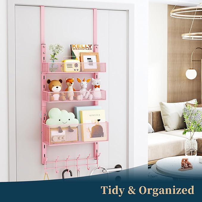 Consumest Over The Door Hooks Organizer - 4 Tier Door Coat Rack with 3 Baskets and 12 Hooks, Stainless Steel Towel Hanger for Bedroom, Bathroom, Living Room, Pink