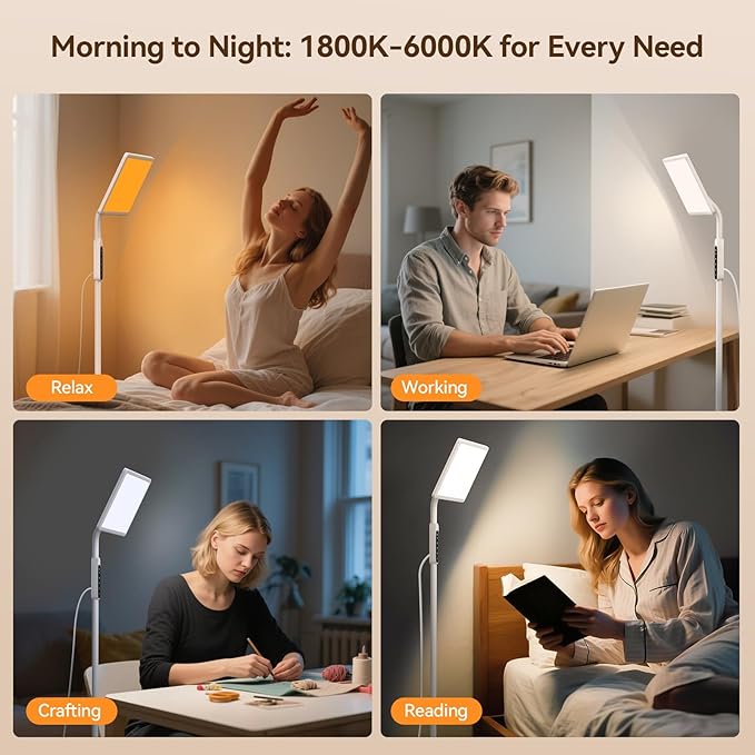 12,000 Lux Light Therapy Lamp, Full Spectrum Sunlight Lamp, UV-Free Sun Lamp with Remote Control/4 Color Temp/5 Brightness/4 Timer, 3 Height Adjustable Floor Lamp for Home Office, Living Room, Bedroom