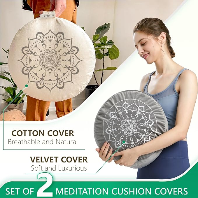Hihealer Meditation Cushion, Traditional Tibetan Meditation Pillow Velvet Cover - Large Floor Cushion Seating for Adults - Yoga Buckwheat Bolster for Women、Moms