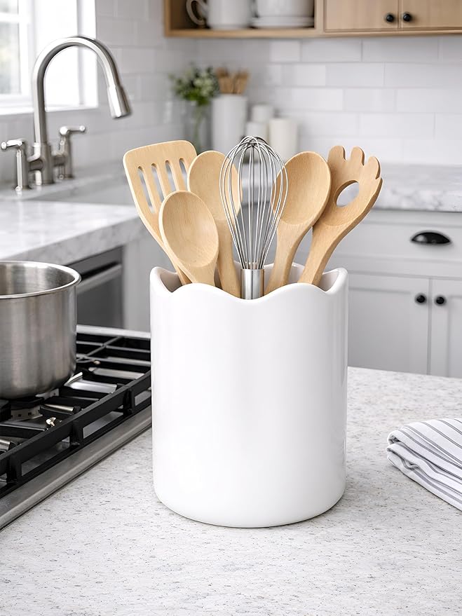 Ceramic Utensil Holder for Kitchen Counter, 7.1" Large Kitchen Utensil Holder for Countertop with Cork Bottom, Cooking Tool Organizer for Spatula, White