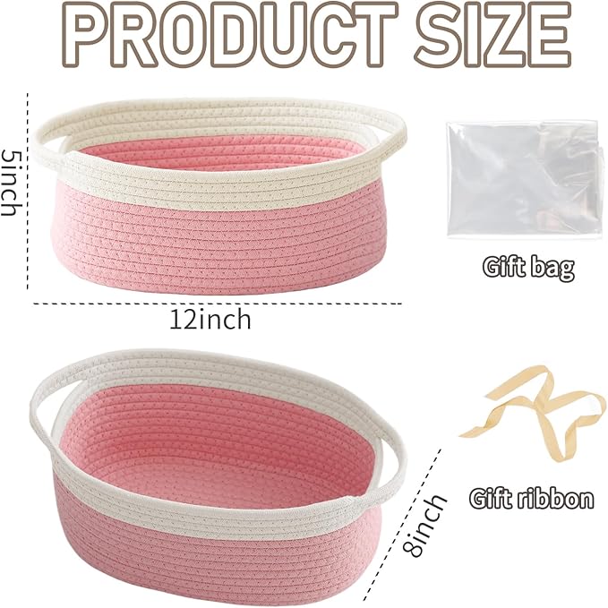 Woven Basket, Small Rope Storage Bin with Handles & Ribbon Bag, Organizer for Shelves Closets, Empty Gift Basket for Birthday, Books, Dog Toys, White & Pink/2 Pack