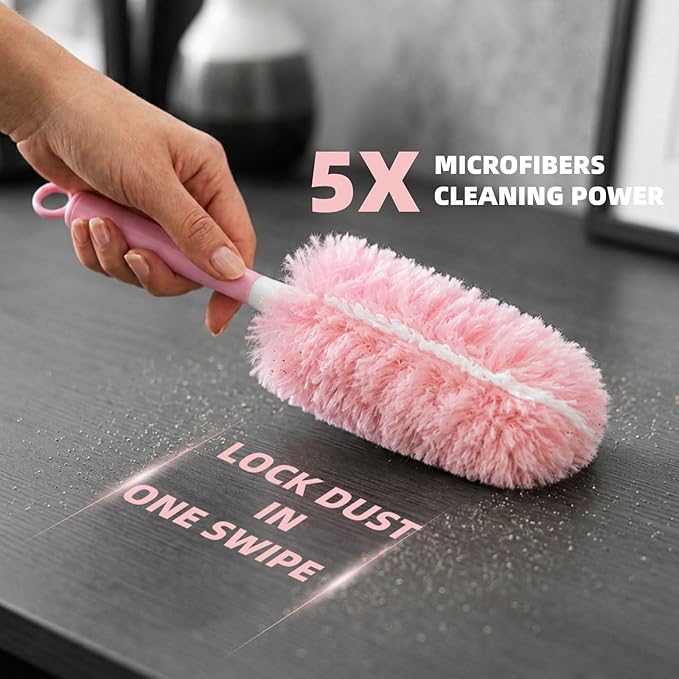30 Count Pink Duster Refills Compatible with Swiffer Handle, 360° Multi-Surface Duster Refills with 1 Handle, 5X Microfibers Disposable Dusters for Home, Office Cleaning