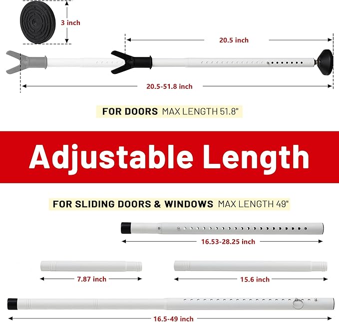 Door Security Bar - Heavy Duty Door Jammer Security Bar - Adjustable Sliding Door Security Bars - Doors Stoppers Security for Patio, Window, Front Door Apartment, Home, Hotel Room