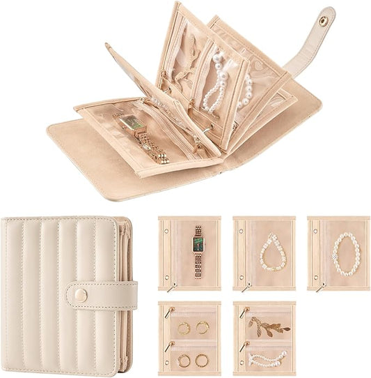 Lolalet Travel Jewelry Organizer Case, Portable Jewlery Storage Book Portfolio Binder with Zipper Velvet Pouch for Women -Beige, Small