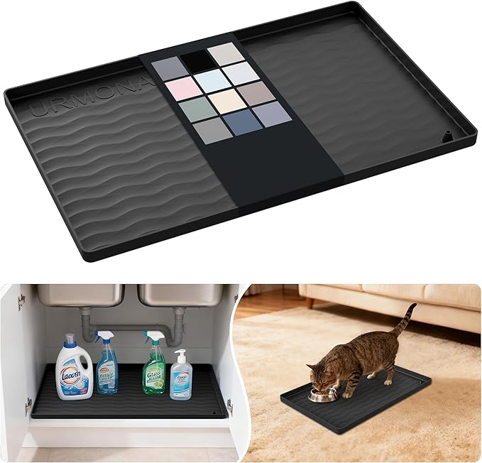 URMONA Waterproof Silicone Under Sink Mat 19'' x 12'' Shelf Liner for Kitchen and Bathroom, Cabinet and Counter Protector, Storage and Organizers, Litter Mat, Pet Cat Puppy Essentials (Black)