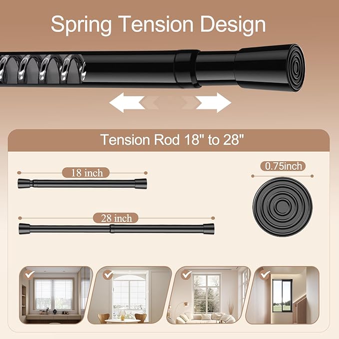 Spring Tension Curtain Rods Small Tension Rod Adjustable Curtain Rod No Drilling for Window (Black, 18" to 28"-2Pack)