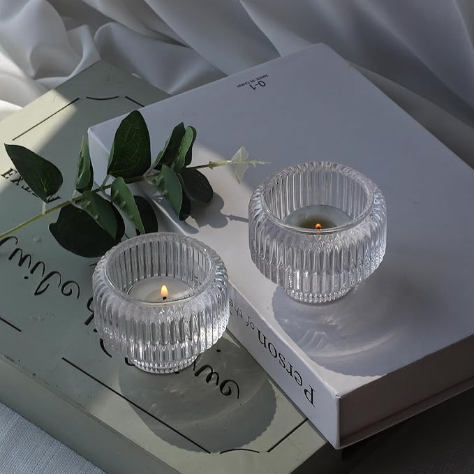 Woho Candle Stick Candle Holder Set of 4, Clear Taper Candle Holders for Wedding Table Centerpiece, Ribbed Glass Votive Candle Holders for Christmas Party Home Decor