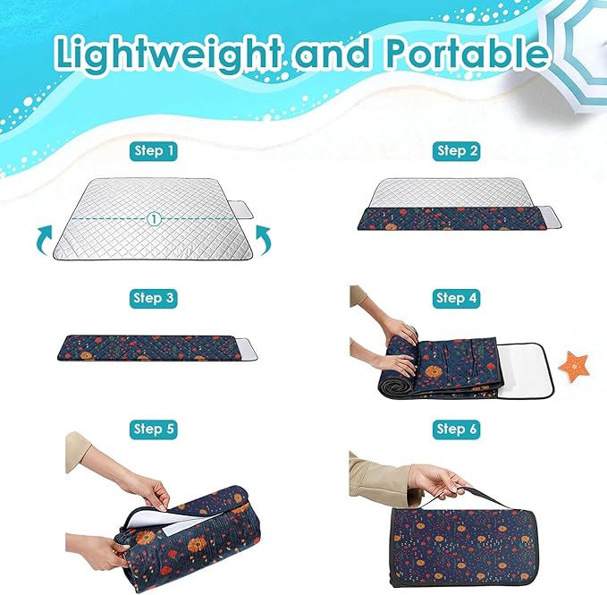 Waterproof Picnic Outdoor Blanket, 79" x 59" Sandproof Foldable Large Picnic Blanket for Beach, Camping, Park, Travel, Concert, Great Gift for Families and Couples (Midnight Flowers)