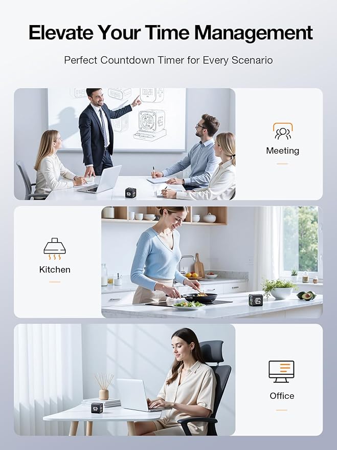 TK3 Pomodoro Timer Cube, Desk Productivity Timer with 5/10/30/60 Min Presets, Custom Countdown, Stopwatch, Clock, 3 Alarm, Silent, Vibrate & Sound Alert, for Task, ADHD, Study, Kitchen, Black