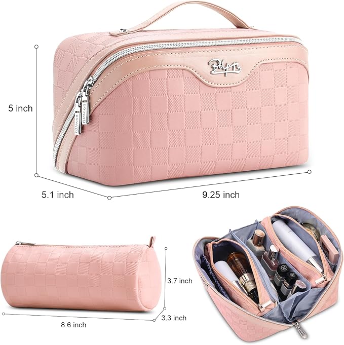 BOYATU Travel Makeup Bag Organizer Cosmetic Bag: 3 Pcs Set Make up Bags for Women with Handle - Waterproof Vegan Leather Toiletry Bags Travel Essentials Pouch with Compartments (01-D-Pink)