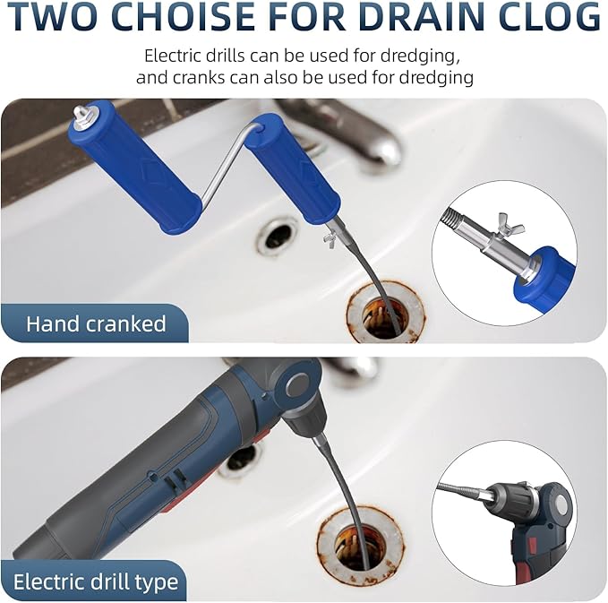 Drain Snake, Drain Auger with Drill Attachment, 16.4 Feet By 6MM Plumbing Snake Auto Feed Flexible Hair Drain Clog Remover for Kitchen, Bathrom and Shower Sink