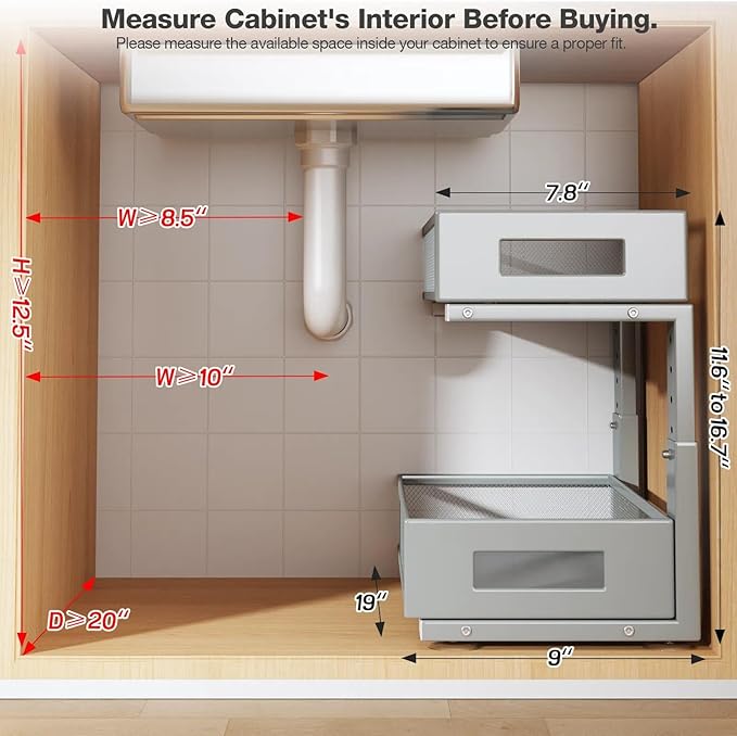 2 Packs 19IN Depth Under Sink Organizer, 2-Tier Pull Out Cabinet Organizer With Smooth Circular Rail, Large Capacity Metal Mesh Sliding Drawers For Bathroom& Kitchen Storage, Height Adjustable–Gun Gray