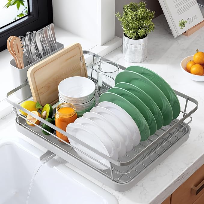 Kitsure Dish Drying Rack for Kitchen Counter, Stainless Steel Sink Organization and Storage Essentials with Cutlery Holder, Home and Apartment Decor, 12''W x 15.5''L, Silver Gray