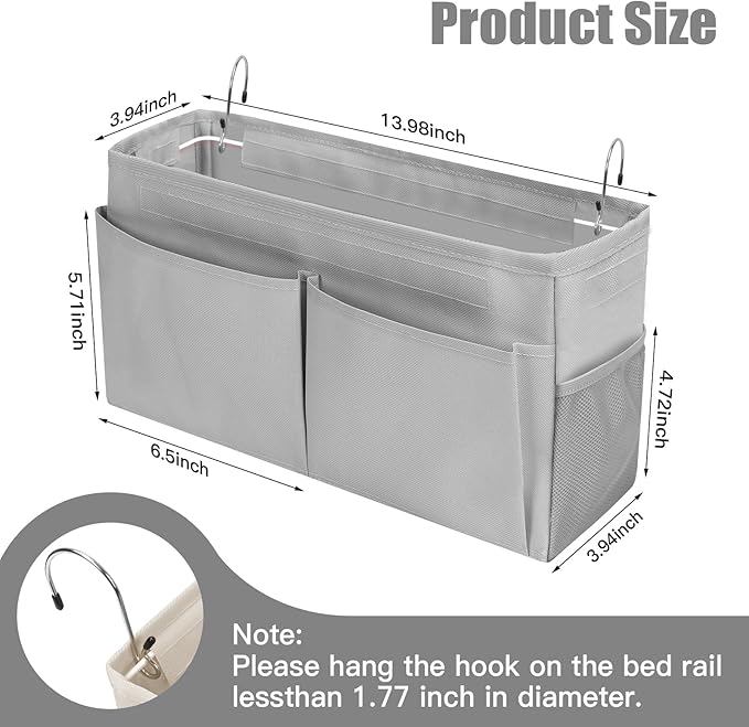 Bedside Caddy Organizer with Fixed Straps, Bunk Bed Caddy ideal for Home, Bunk Bed, Dorm, Hospital, Crib, Versatile Bedside Storage Solution (Grey)