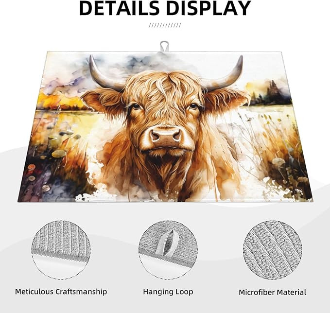 Watercolour Cow Head Dish Drying Mat XL Microfiber Kitchen Drying Mat Large Dish Drying Mats for Kitchen Counter Absorbent Quick Drying Pad 18x24 Inch