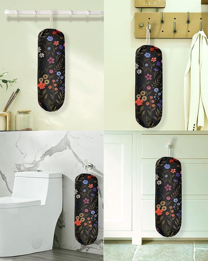 Kokaaee Plastic Bag Holder Organizer - 1 Pack Reusable Canvas Grocery Bags Holder Hanging Wall Cute Aesthetic Shopping Bag Storage Dispenser with Drawstring Closure for Kitchen Home, Black Floral