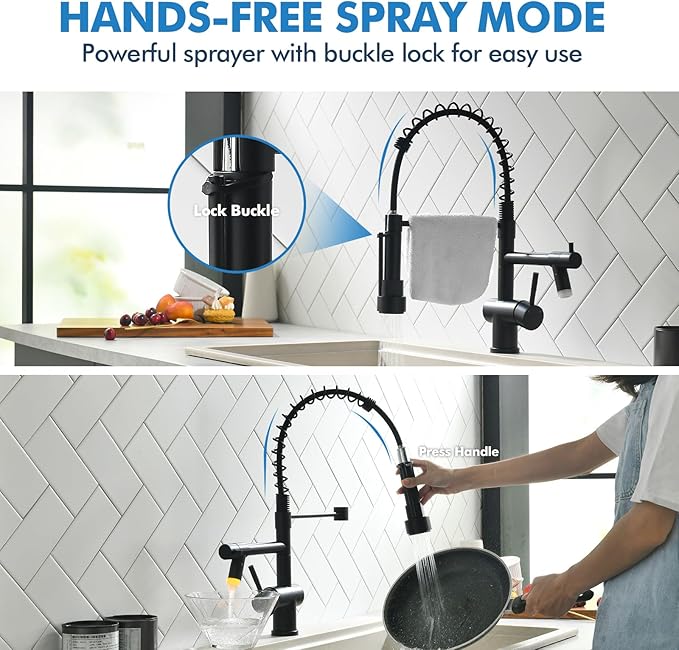 VFAUOSIT Matte Black Kitchen Faucet with LED Light – Commercial Spring Pull Down Dual Outlet, 360° Swivel Lower Spout + High Pressure Sprayer, Stainless Steel for RV Camper Laundry Sink