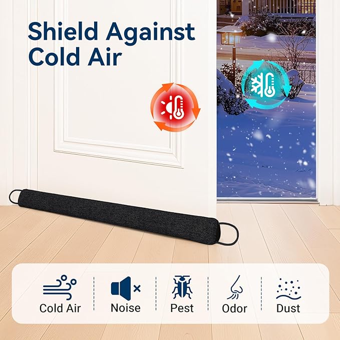 Door Draft Stopper for Bottom of Door, 36'' Heavy Duty Under Door Draft Blocker Gap Filler, Door Seal for Noise Light Cold Air, with Adhesive Strips, Black