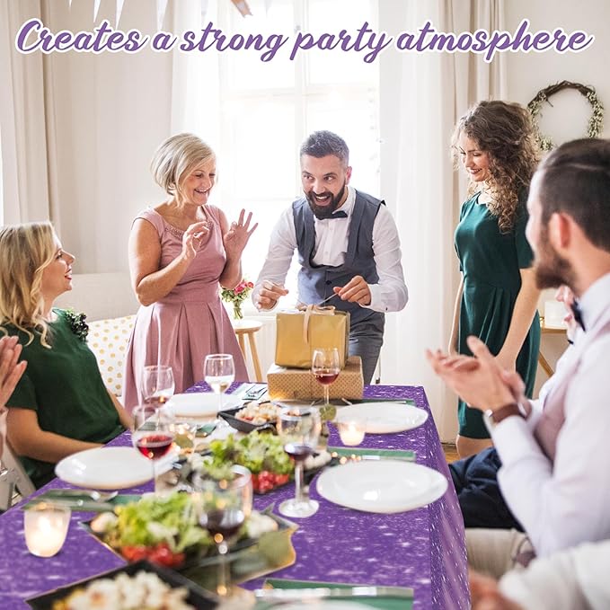 Ganeen 3 Pcs Purple Tablecloths Glitter Sparkling Disposable Plastic Table Cover Sequin Printed Rectangle Tablecloths for Girl Women Birthday Wedding Party Decor Supplies, 54 x 108 Inch