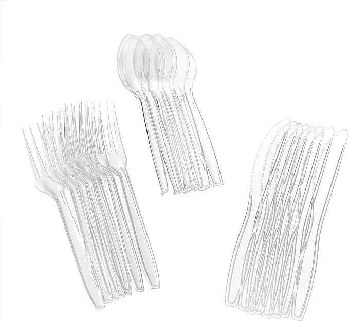 Glad Clear Disposable Cutlery Set with Heavy Duty Plastic Forks, Knives, and Spoons, Reusable Dishwasher Safe Plastic Utensils for Parties and Everyday Use, 24 Count - 6 Pack