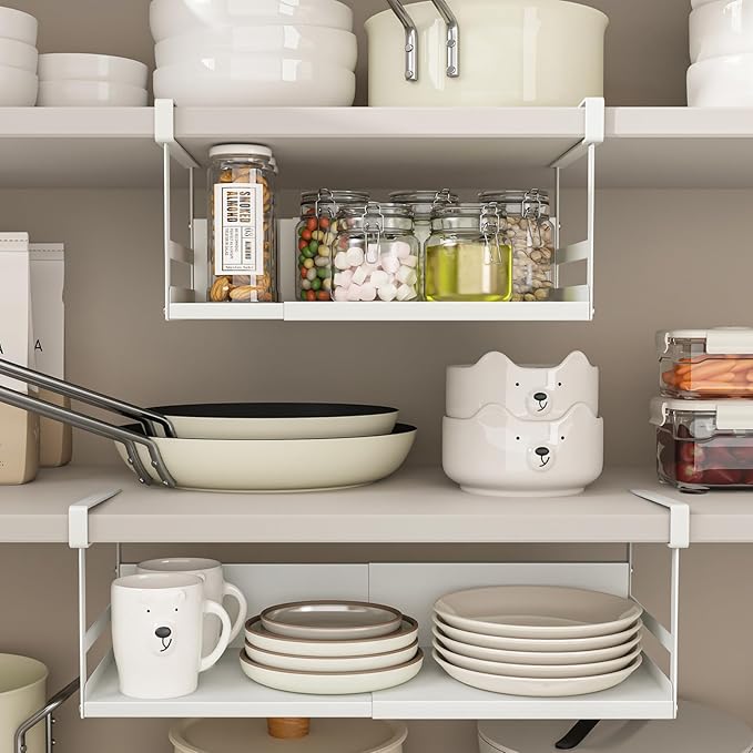 SHINEWON Expandable Under Cabinet Shelf Organizer with 0.94-Inch Thick Clips, Heavy Duty Extendable Under Shelf Storage Basket for Pantry or Laundry Room, White, 1 Pack, Interior: 4.13" H x 7.2" D