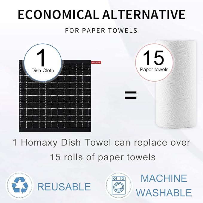 Homaxy 100% Cotton Terry Kitchen Dish Cloths, Ultra Soft and Absorbent Dish Towels for Kitchen, Suitable for Drying and Washing Dishes, 6 Pack, 12 x 12 Inches, Black
