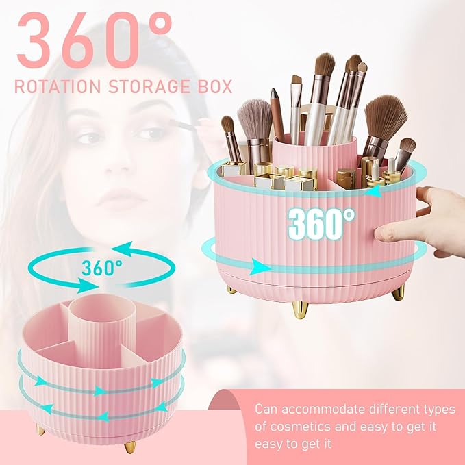 Diesisa Makeup Brush Holder Organizer, 360° Rotating Makeup Brush Organizer, 5 Slot Makeup Brushes Cup for Cosmetics, Nail Polish, Art Supply, Bathroom Vanity Desktop Organizer - Pink